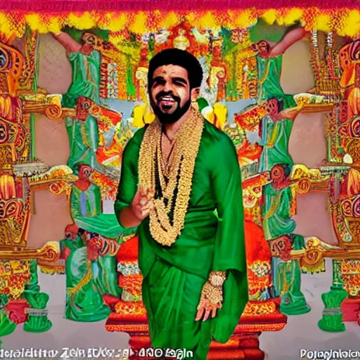 Prompt: photograph of drake the rapper standing in zxa hindu kovil, wearong a sarong, photorealistic, accurate portrayal, drake the rapper's face