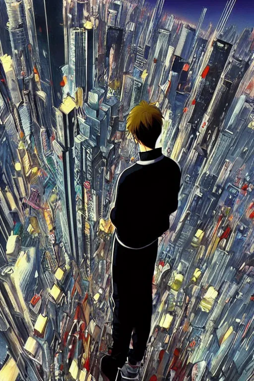 Prompt: man in white tracksuit overlooking a city, style of Mirror\'s Edge, beautiful artwork by Makato Shinkai + Satoshi Kon + Katsuhiro Otomo, anime