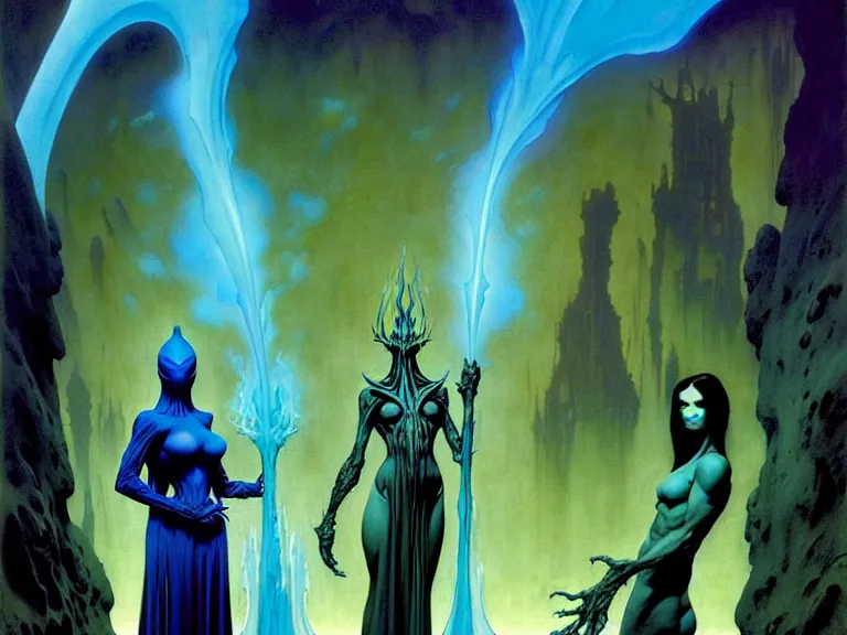 Prompt: the female arcanist and the male artificer by frank frazetta and roger dean and brom and zdzisław beksinski and greg staples and wayne barlowe, beautiful, flowing magical robe, highly detailed, hyperrealistic, intricate, energy, electric, blue flame, low light, green crystal, high contrast, submissive, lifelike