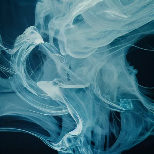 Image similar to A beautiful form made of pale blue smoke in the style of Aldo Katayanagi + Thick Milky Smoke + Mother Of Pearl +Milk and ink+ Iridescent smoky Elements + Moody Cinematic Lighting + Deep Shadows + Hyper Realistic + Maximalist Composition + Intricate Eldritch tendrils + 8K portrait + fluid dynamics