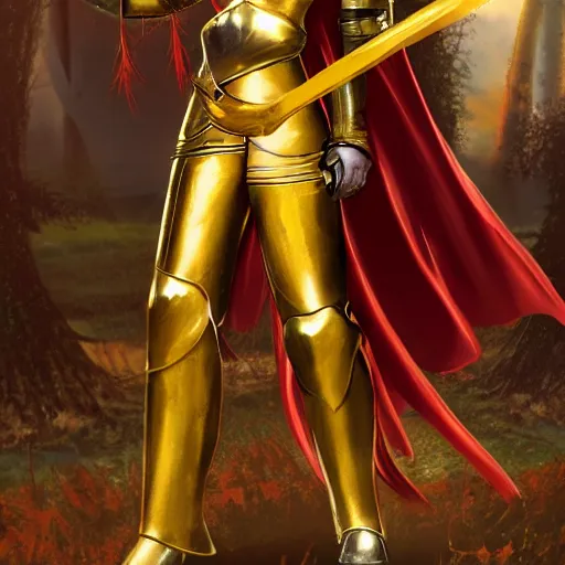 Image similar to a tall, red - haired female knight wearing golden armor and a right golden prosthetic arm, longer than her left arm. she wields a long golden blade