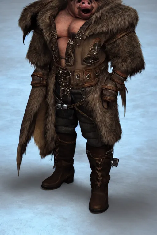 Prompt: A full body shot of a handsome orc-(((((pig))))) looking into the camera wearing a leather fur jacket and boots, full body shot, detailed face, portrait, artstation, realistic, highly detailed, symmetrical, D&D, Dungeons & Dragons, hyper realistic, dynamic pose, high detail, octane render, unreal engine, 8k, fantasy art, highly detailed, dramatic lighting, concept art