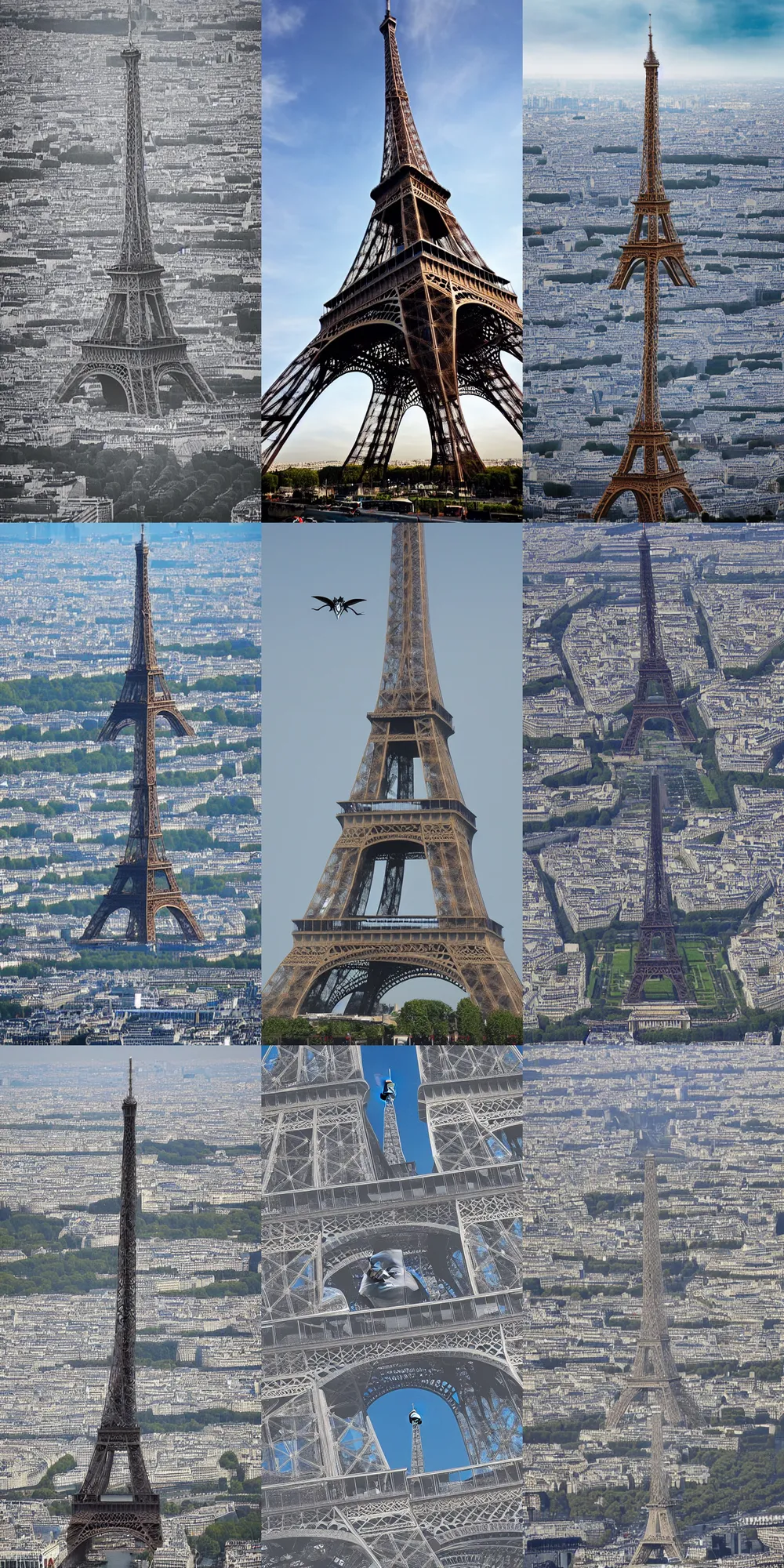 Prompt: Alien eiffel-tower form, floating in Paris sky