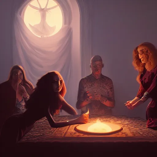 Image similar to Séance session, elegant, Hyper-realistic, 4K, Unreal Engine, Highly Detailed, HD, Dramatic Lighting by Brom, golden hour, trending on Artstation