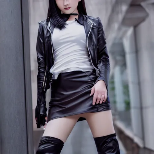 Image similar to a dynamic, epic cinematic 8K HD movie shot of a japanese young J-Pop idol girl wearing leather jacket, miniskirt, nylon tights and high heels boots. Motion, VFX, Inspirational arthouse