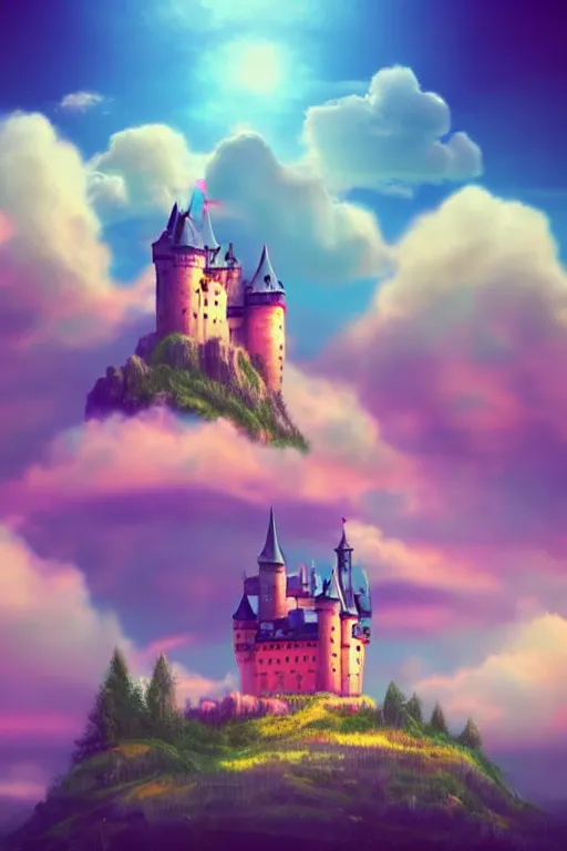 Image similar to beatiful castle in the clouds, romantic, atmospheric, wide shot, vaporwave colors