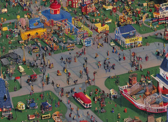 Prompt: Tilt shift photograph of Clown World, photograph by Grant Wood and Robert Crumb