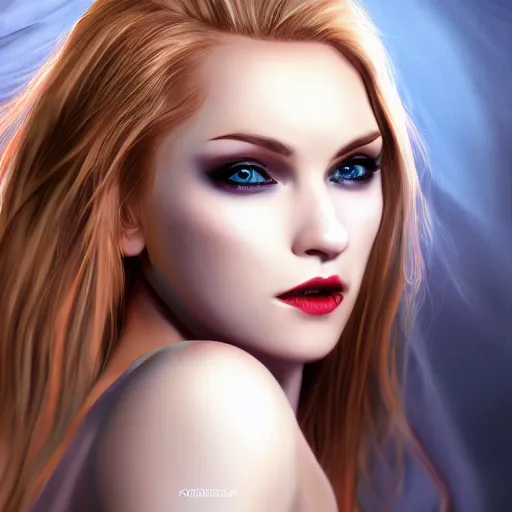 Image similar to Woman Vampire, goddess, detailed, high quality, 4k UHD, slim, curvy, blonde hair, realism, very coherent, high detail, hyper realism, blue eyes, 8K high definition, creative,