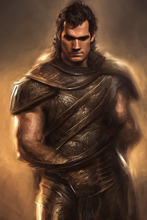 Prompt: spartan hoplite hero in the looks of Henry Cavill, portrait, fierce, intricate, elegant, volumetric lighting, digital painting, highly detailed, artstation, sharp focus, illustration, concept art by Glenn Rane and Samwise Didier