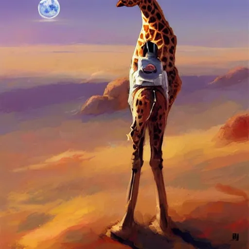 Prompt: a giraffe dressed like an astronaut floating in space with the earth in the background, trending on artstation, art by greg manchess, guangjian, detailed digital art, artstation hd