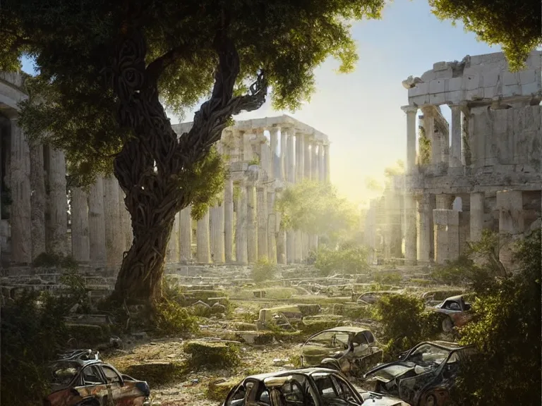 Image similar to tree growing in ancient greek ruins, gray wasteland, many scrap cars, plastic waste, rubble, pillars, flowers, vines, hyperrealistic, highly detailed, cinematic, single ray of golden sunlight, beautiful, cgssociety, artstation, 8 k, oil painting by greg rutkowski, by artgerm, by wlop