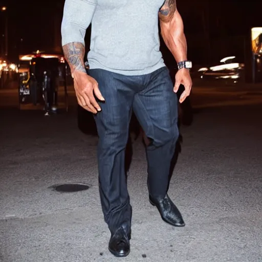 Image similar to Dwayne Johnson on the street in the night, bright lighting, high quality, ultra detailed , full body