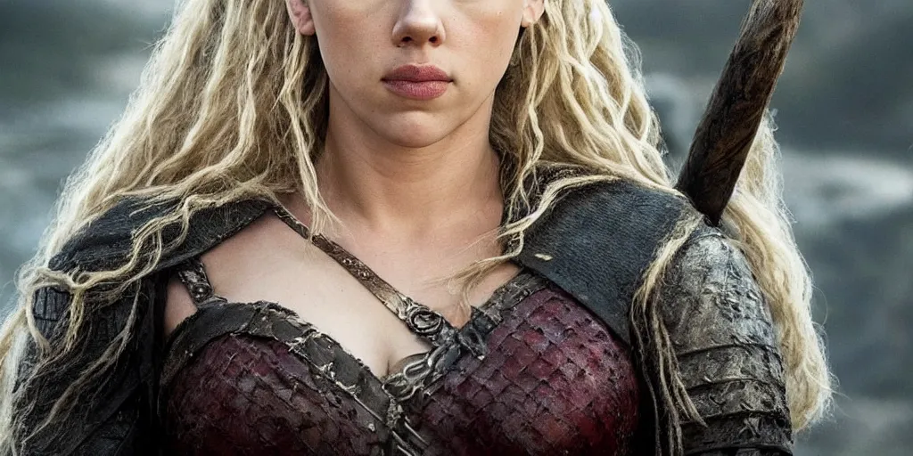 Image similar to Scarlett Johansson playing Lagertha, with a scar and white hair, in the TV series Vikings