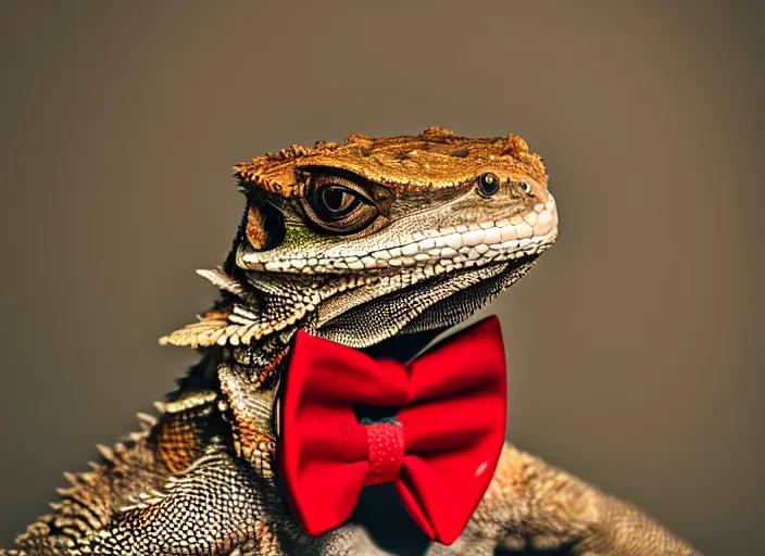 Prompt: dslr portrait still of a bearded dragon wearing a top hat and a red bowtie, 8 k 8 5 mm f 1. 4