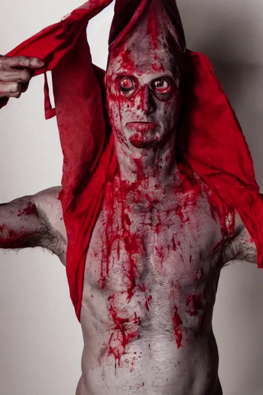 Image similar to man wearing a red sack over his head, bloody, looking at the camera