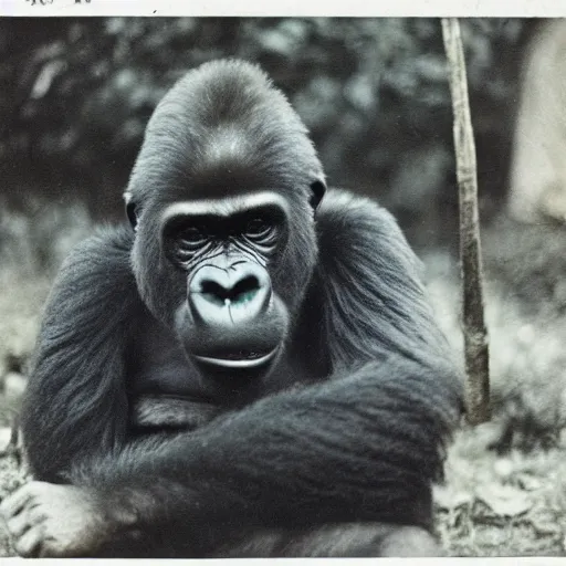 Image similar to a Gorilla soldier, ww2, war photo, film grain.