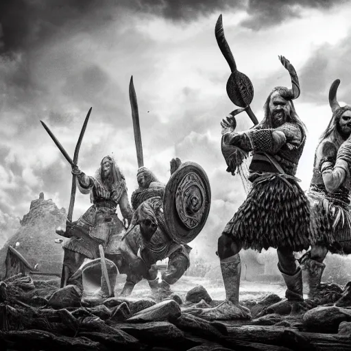 Image similar to vikings plunder the village and kill all the inhabitants, high detail of the environment and characters, detailing even the smallest particles and details, black and white style, 4 k, 8 k, trending on artstation, artstationhd, artstationhq