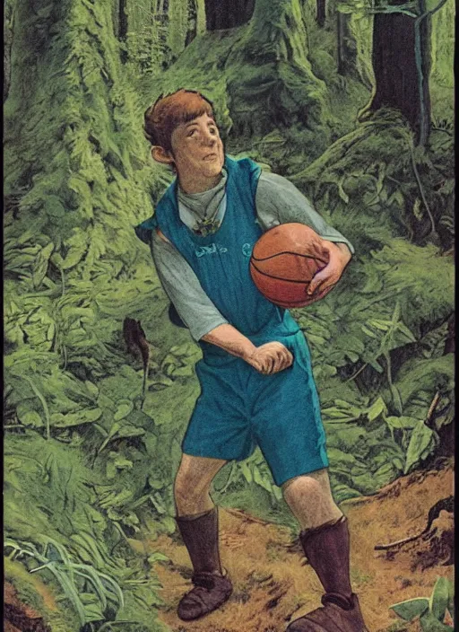 Prompt: a hobbit wearing hiking boots and teal gloves playing basketball in a forest, by chesley bonestell