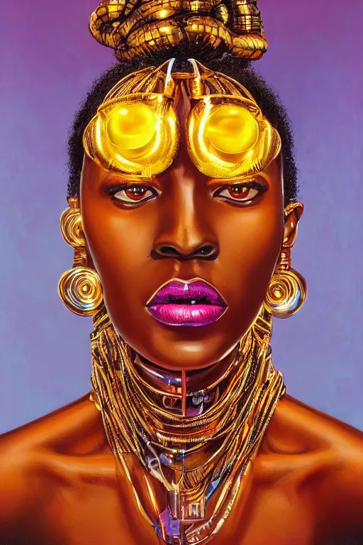 Prompt: detailed portrait of a beautiful African female with face augmentations, strong neon lighting, Afrofuturism, extravagant mechanical gold jewelry, by glenn fabry, hyper realistic, HD, oil on canvas