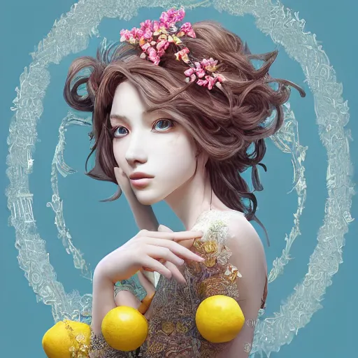 Image similar to the portrait of an absurdly beautiful, graceful, elegant, sophisticated, young idol made up of lemons, an ultrafine hyperdetailed illustration by kim jung gi, irakli nadar, intricate linework, bright colors, octopath traveler, final fantasy, unreal engine 5 highly rendered, global illumination, radiant light, detailed and intricate environment