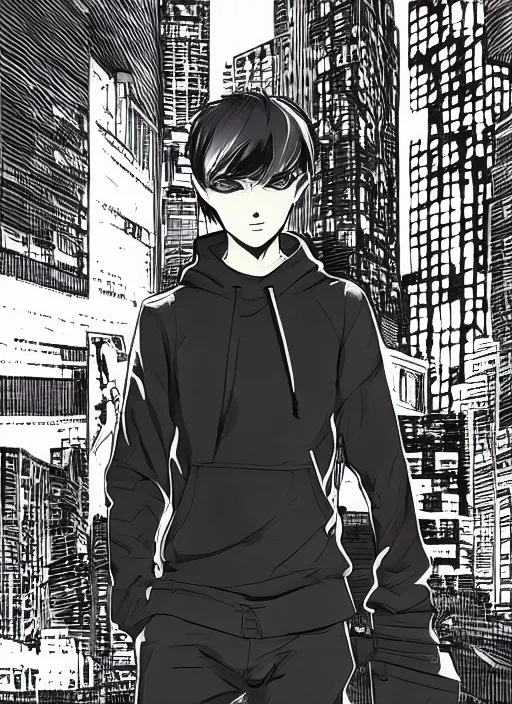 Prompt: manga cover, black-haired short-haired russian man wearing a black hoodie, intricate cyberpunk city, emotional lighting, character illustration by tatsuki fujimoto