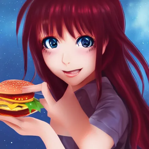 Image similar to a girl eating a hamburger, red hair, anime art, detailed, hd, smooth