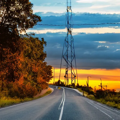 Prompt: a road in a industrial zone, and a hill behind it with a radio tower on top, sunset