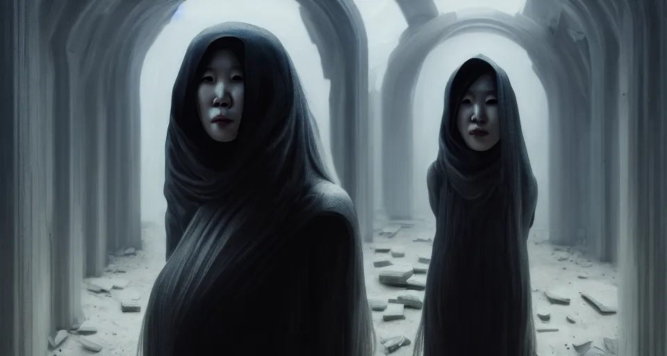 Image similar to portrait of kang seul - gi, white long hair, burka, cyberpunk, in a ruined temple, symetrrical facial. ruan jia, weldon casey, giger. cinematic. smooth gradients, transparent inflatable structures. trending on artstation.