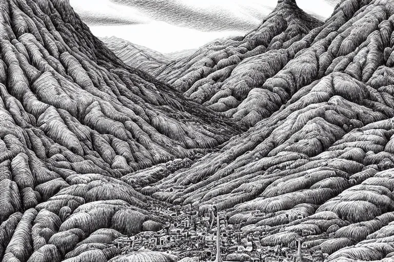 Image similar to insanely detailed landscape, ballpoint pen art