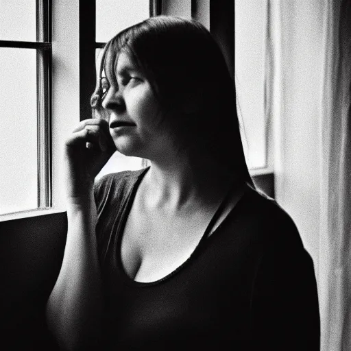 Image similar to black and white photograph portrait of a depressed 35 years old woman standing by the window, natural light, lomo, fashion photography, film grain, soft vignette, sigma 85mm f/1.4 1/10 sec shutter