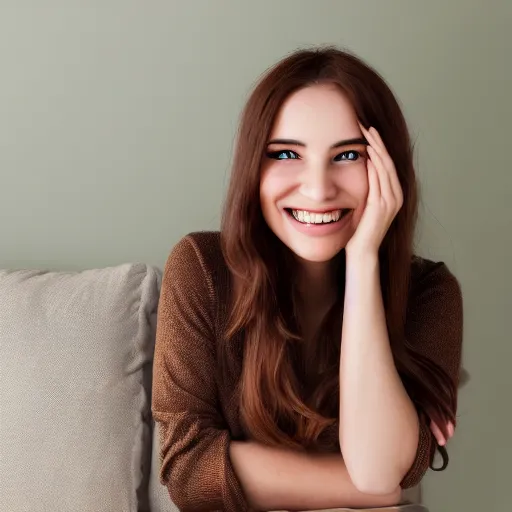 Image similar to Render of a cute 3d young woman smiling, long shiny bronze brown hair, full round face, emerald green eyes, medium skin tone, light cute freckles, smiling softly, wearing casual clothing, relaxing on a modern couch, interior lighting, cozy living room background, medium shot, mid-shot, soft focus, trending on Artstation, Unreal Engine 5 , 4k, professional photography, Portra 400