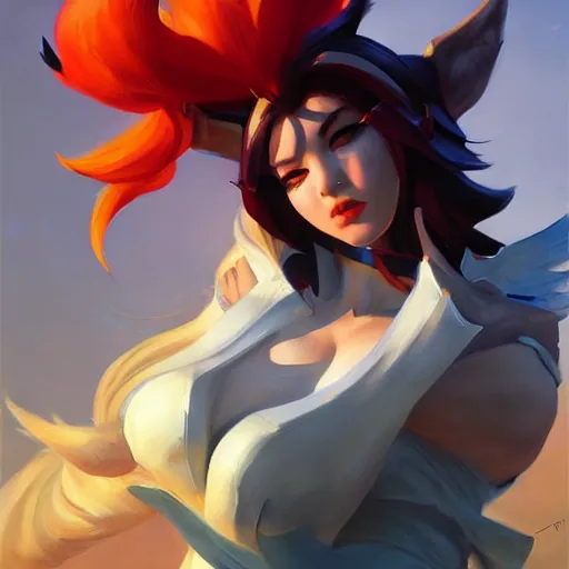 Image similar to greg manchess portrait painting of ahri as overwatch character, medium shot, asymmetrical, profile picture, organic painting, sunny day, matte painting, bold shapes, hard edges, street art, trending on artstation, by huang guangjian and gil elvgren and sachin teng