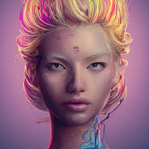 Image similar to a portrait of an incredibly beautiful, colorful, graceful, elegant, and sophisticated young blonde girl made of garlic, an ultrafine detailed illustration by james jean, intricate linework, bright colors, final fantasy, behance contest winner, vanitas, angular, altermodern, unreal engine 5 highly rendered, global illumination, radiant light, detailed and intricate environment