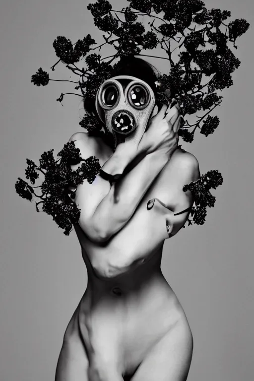 Prompt: a surreal portrait of a woman wearing gas mask falling into a wall of black flowers in the style of brooke didonato, editorial fashion photography from vogue magazine, full shot, nikon d 8 1 0, ƒ / 2. 5, focal length : 8 5. 0 mm, exposure time : 1 / 8 0 0, iso : 2 0 0