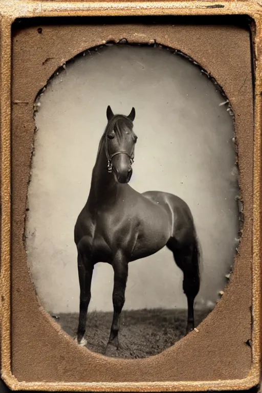 Prompt: a tintype photo of horse in a bed