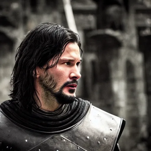 Image similar to young Keanu Reaves in Game of Thrones, high contrast, high saturation cinematic film still