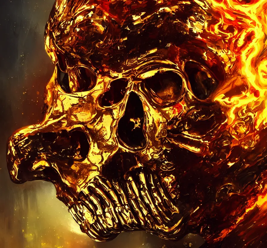 Image similar to gold terminator skull on flaming town, acrilic paint, brush paint, heavenly atmosphere, paint, ultra detailed, beautiful image, resolution, artstation