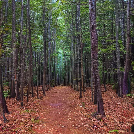 Image similar to An incredibly diverse forest, the light shoots through the trees from the sun, a walking path through the side, in the style of Hayao Miyazaki