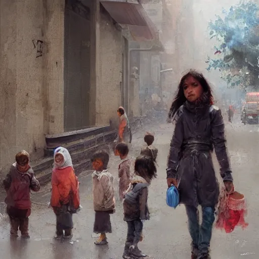 Image similar to oil painting of orphaned children asking for food in the streets of the city, by greg rutkowski, artstation