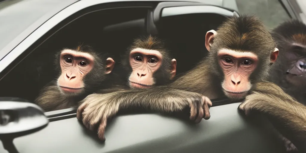 Prompt: a man with a crazy look driving car, a monkey holding a revolver in the back seat, a frightened man next to the driver, hd, ultra realistic, detailed, cinematic