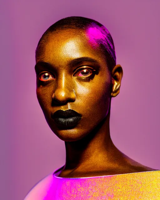 Image similar to hyperrealist highly intricate post-gothic portrait pink pearlescent exoskeleton beautiful black goddess concept art pascal blanche key sage dramatic yellow lighting 8k high angle shallow depth of field
