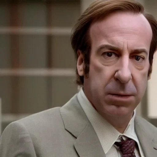 Image similar to Still frame from of Saul Goodman in a Wes Anderson movie, pastel colors
