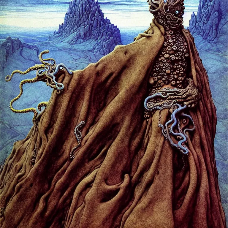 Prompt: A detailed blue-eyed tentacleheaded human stands among the mountains with a pebble in hands. Wearing a ripped mantle, robe and boots. Extremely high details, realistic, fantasy art, solo, masterpiece, art by Zdzisław Beksiński, Arthur Rackham, Dariusz Zawadzki