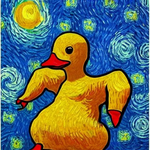 Image similar to a flying duck eating a smiling human being, van gogh style