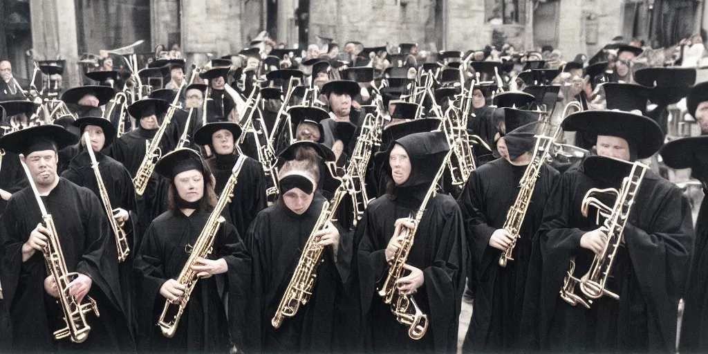 Prompt: short people in black robes standing in a straight line to a pile of brass musical instruments, frightening, ghastly, photorealistic, old film, 3 5 mm film, found film, scary, ominous, by bruce davidson, on hasselblaad