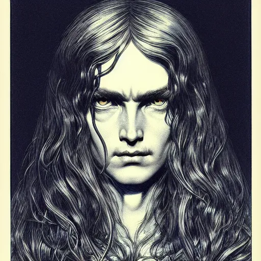 Prompt: medium portrait soft light, by bernie wrightson and joe fenton, inspired by lord of the rings, blue and grey only, etching, fine, sharp high detail,