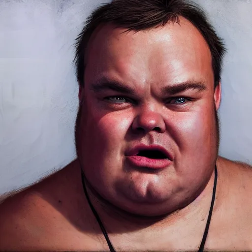 Prompt: hyperrealistic mixed media image of a grotesquely morbidly obese jack black, stunning 3 d render inspired art by istvan sandorfi and greg rutkowski, perfect facial symmetry, realistic, highly detailed attributes and atmosphere, dim volumetric cinematic lighting, 8 k octane extremely hyper - detailed render, post - processing, masterpiece,