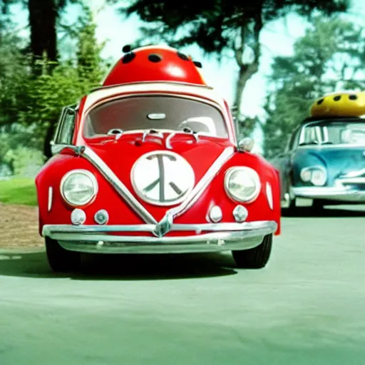 Image similar to promotion movie still of the car in'herbie'film ( 1 9 6 8 ) pretending to be a real lady bug. cinematic, 4 k, imax, 7 0 mm