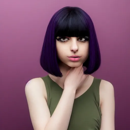 Prompt: Pale-skinned Persian girl, black hime cut hair, bob cut hair, purple eyes, mysterious girl, photograph