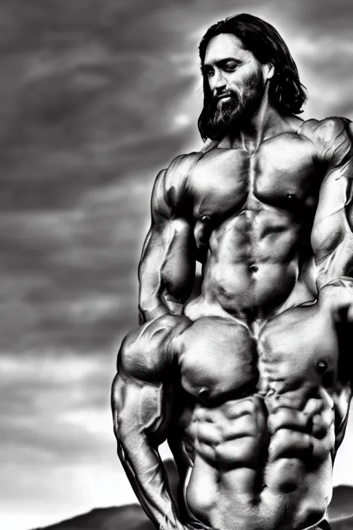 Image similar to Jesus Christ is a jacked muscle builder gigachad, grayscale photography
